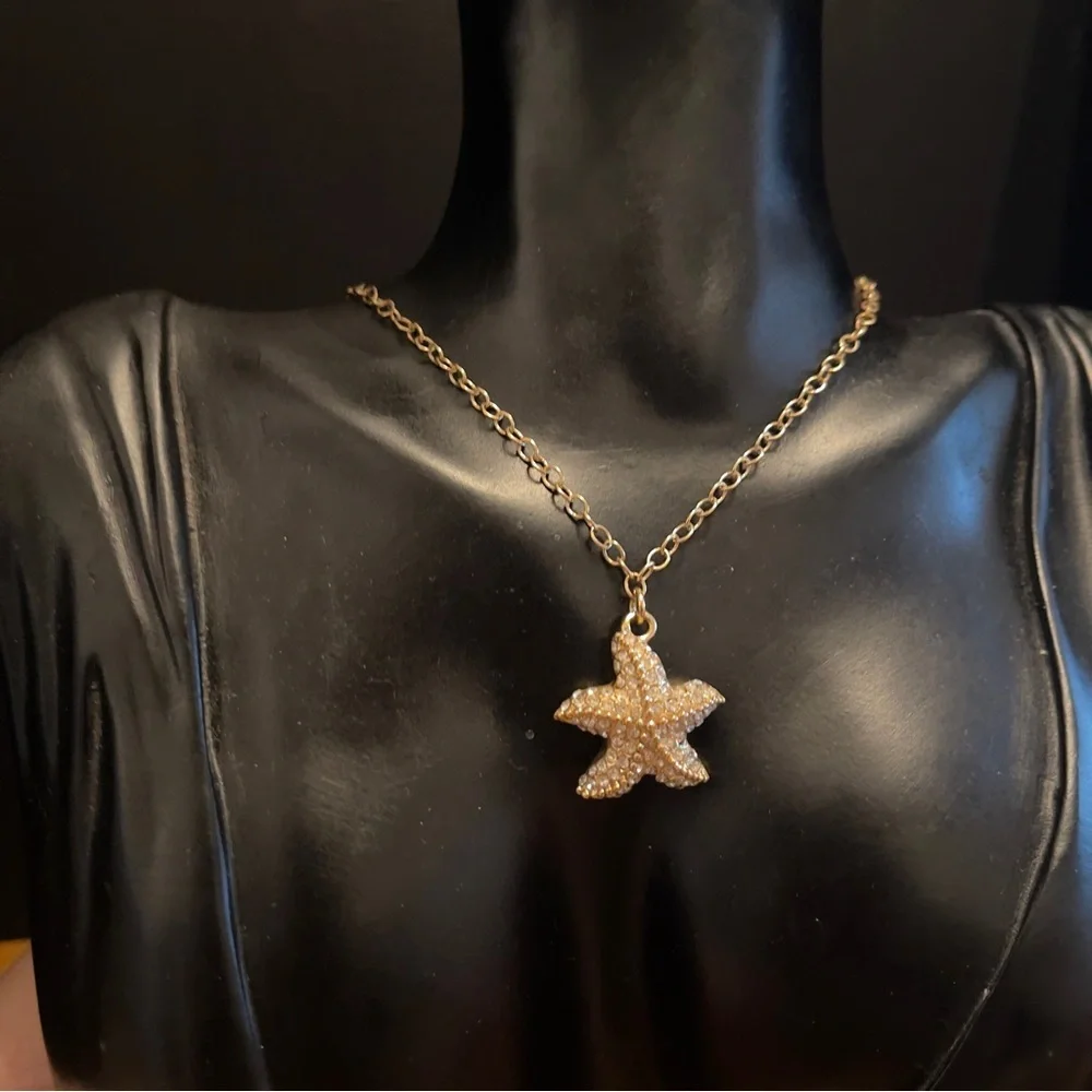 J crew sea star cz gold tone long statement necklace